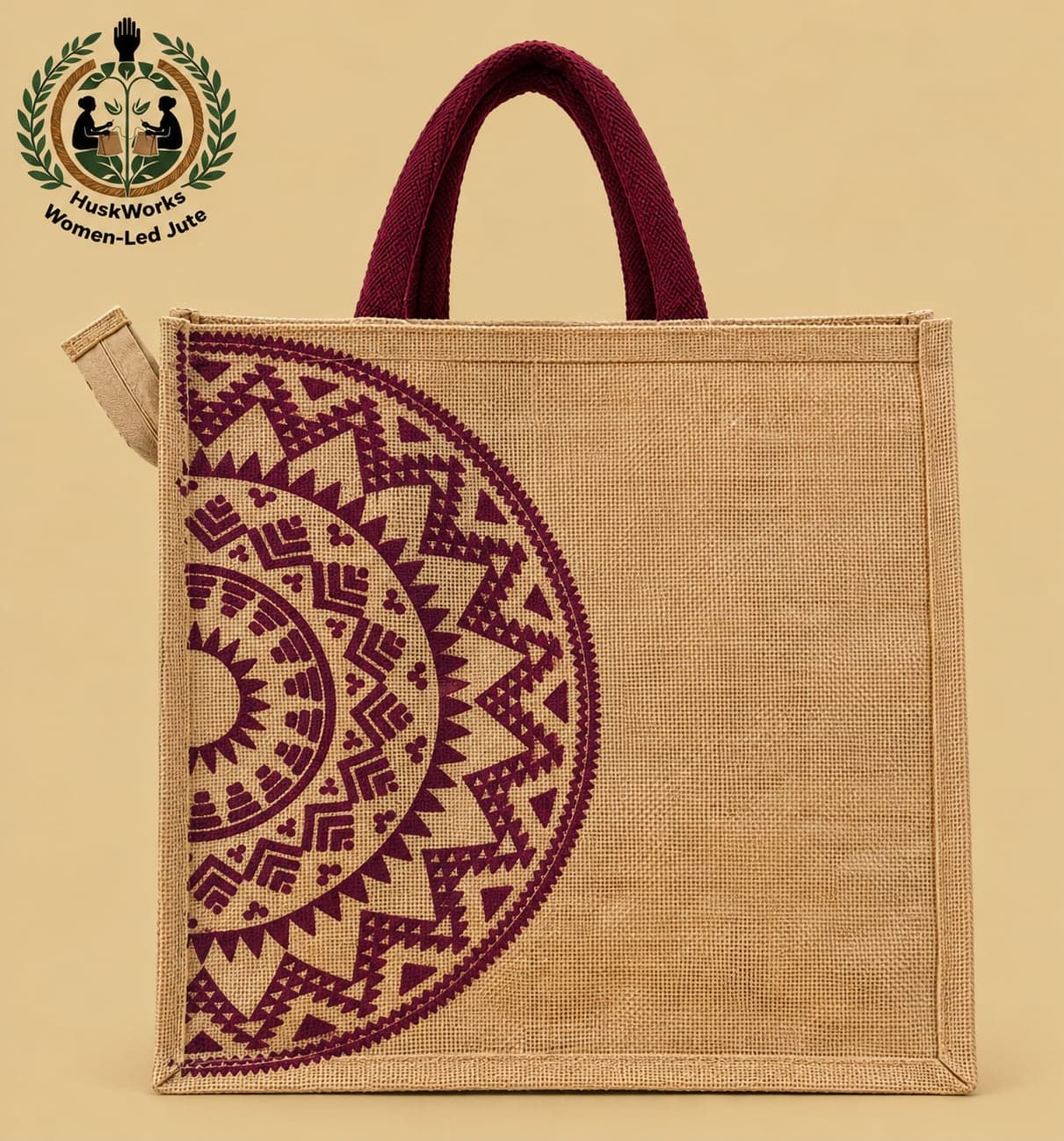 Jute Large Shopping Tote by HuskWorks, 14" x 15", with maroon handles and a maroon printed design