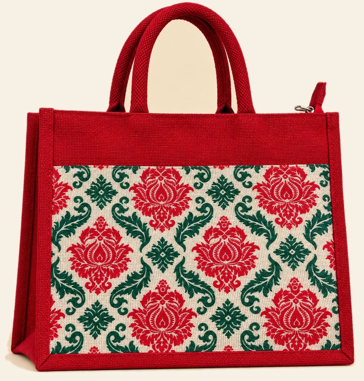Damask Tote (Side View) — handmade jute bag by HuskWorks, available for bulk and custom-branded orders