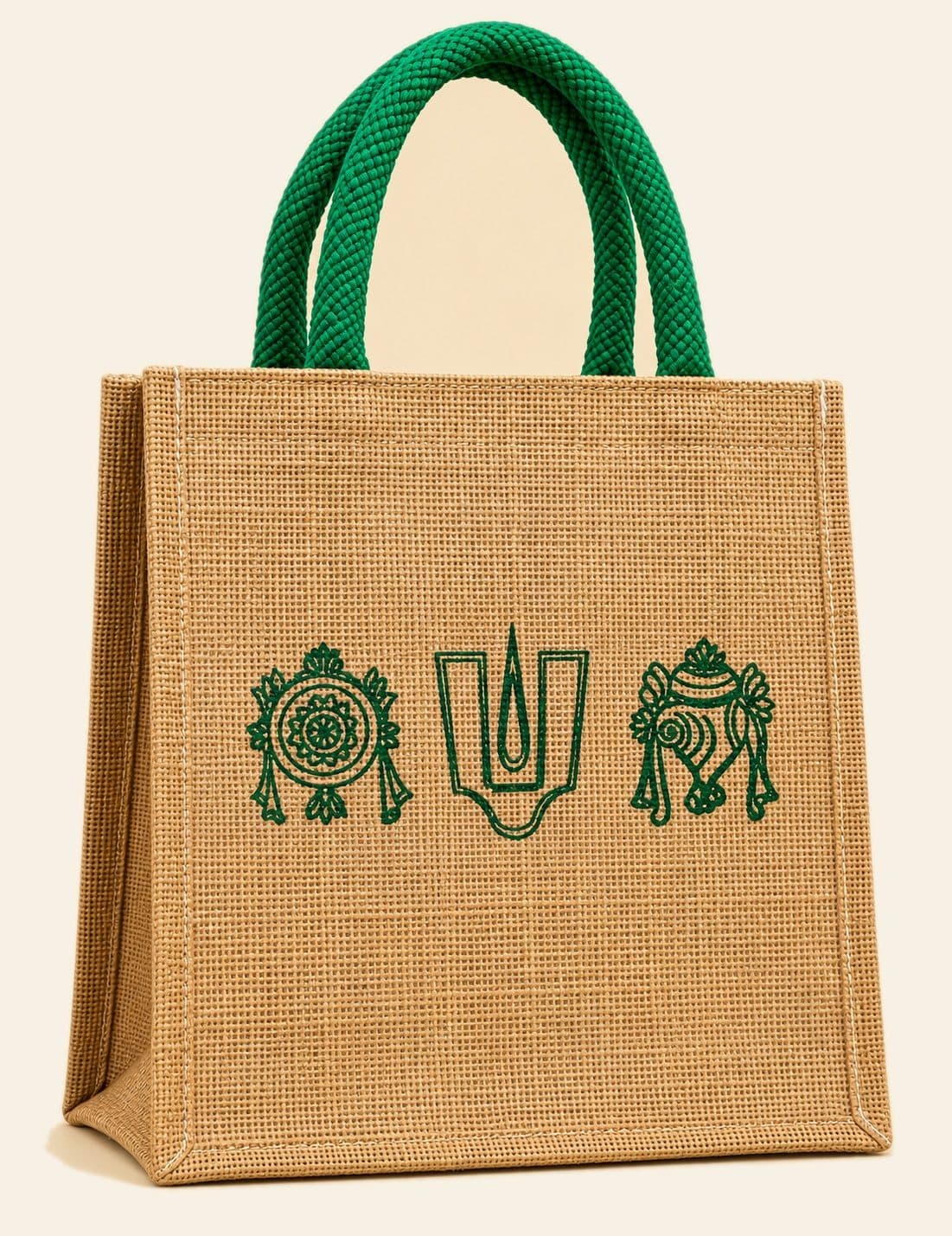 Festive Symbol Tote — handmade jute bag by HuskWorks, available for bulk and custom-branded orders