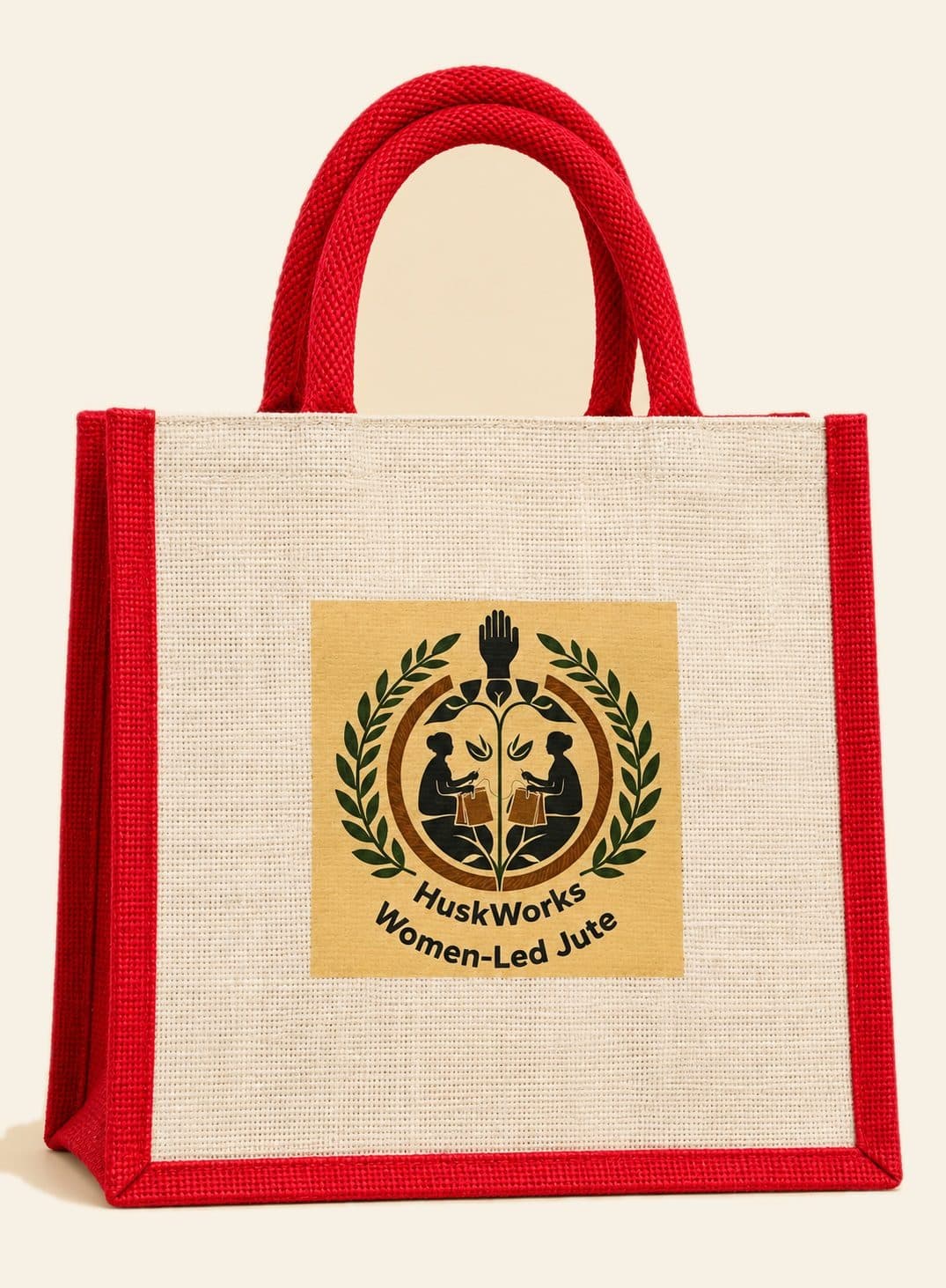 Branded HuskWorks Tote — handmade jute bag by HuskWorks, available for bulk and custom-branded orders