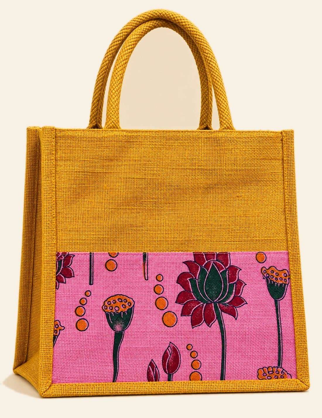 Lotus Daily Tote — handmade jute bag by HuskWorks, available for bulk and custom-branded orders